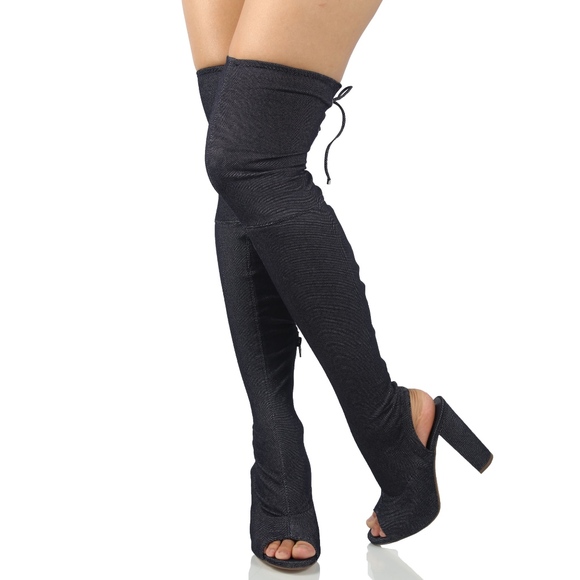 Blue Denim Over the Knee Back Tie Block Heel Boot - Picture 3 of 7